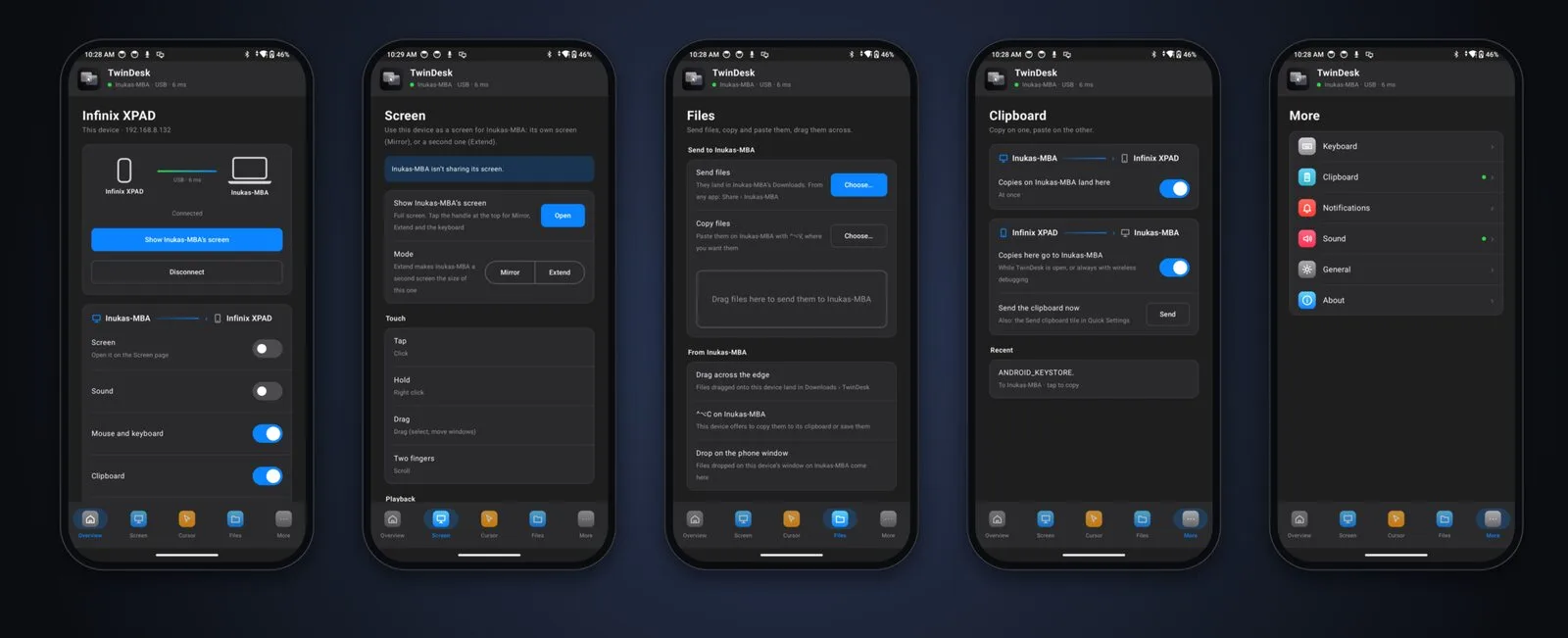 The Android app on a phone: Overview, Screen, Files, Clipboard and More