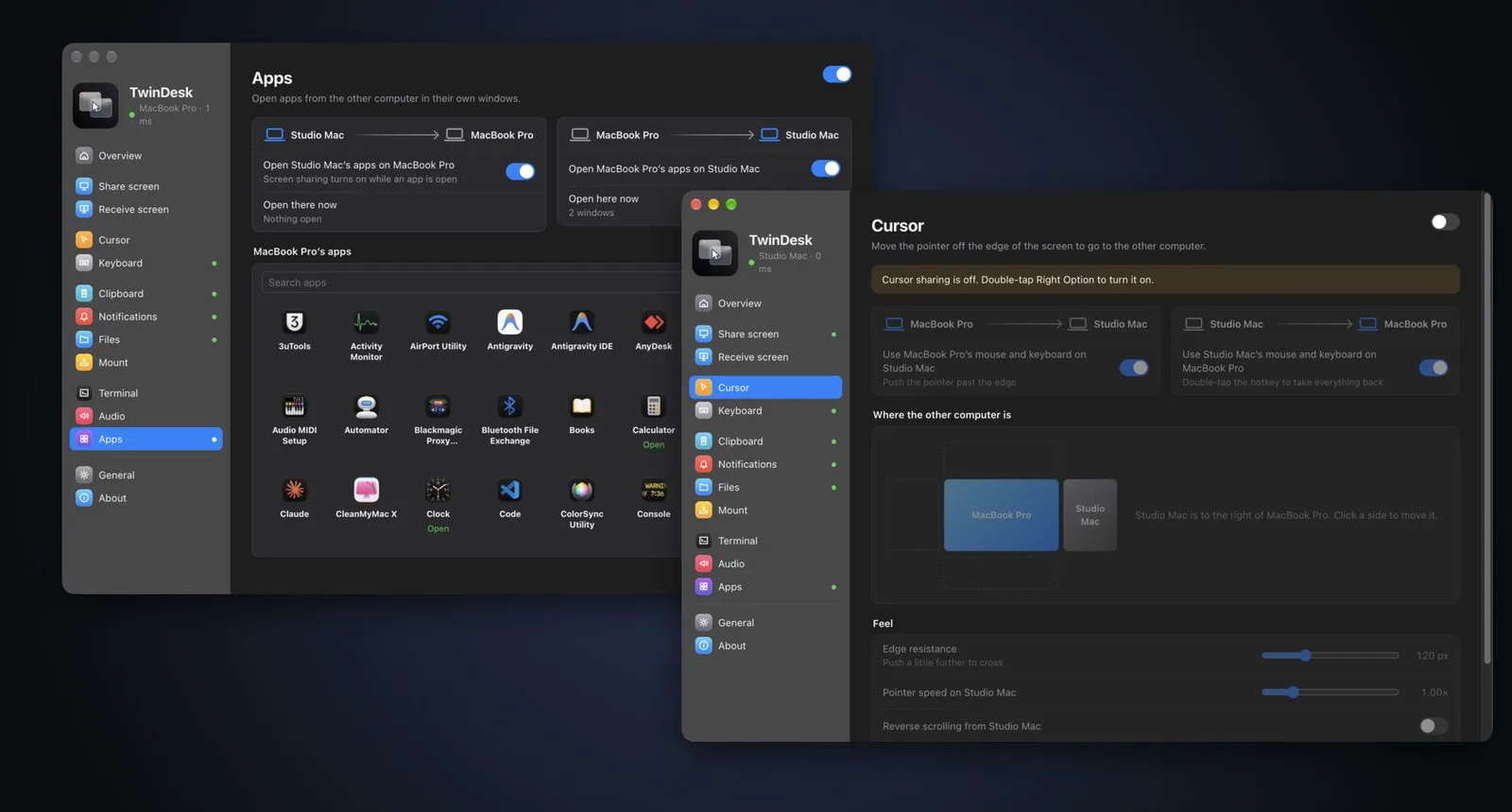 The other Mac's apps on the Apps page, and the Cursor page with the screen layout