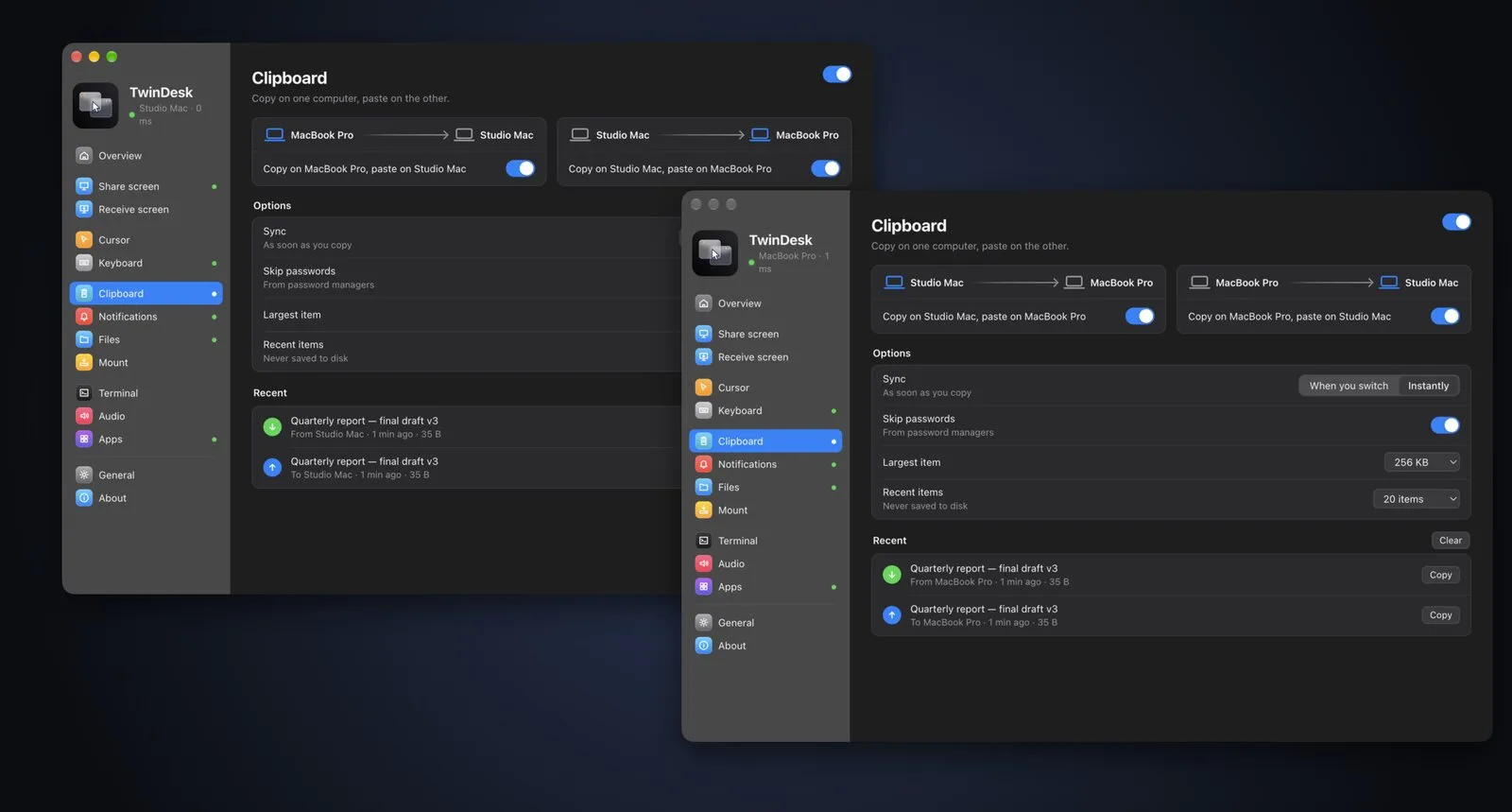 The same copied text in the clipboard history on both Macs