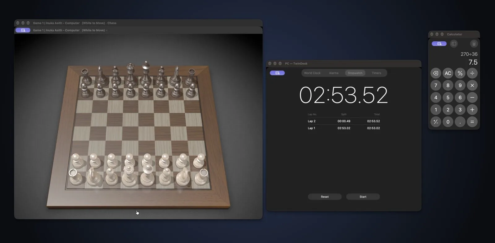 Chess, Clock and Calculator from one Mac in their own windows on the other Mac