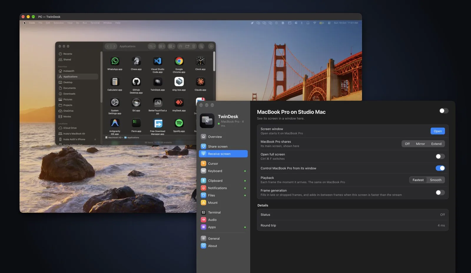 The MacBook's extended screen in a window on another Mac, with the Receive screen settings