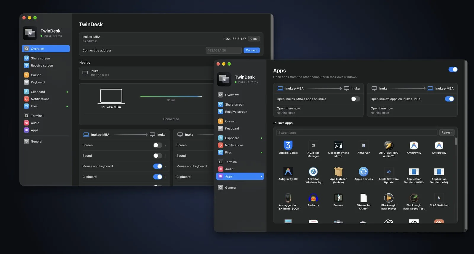 A Mac connected to a Windows PC, and the PC's apps listed on the Mac
