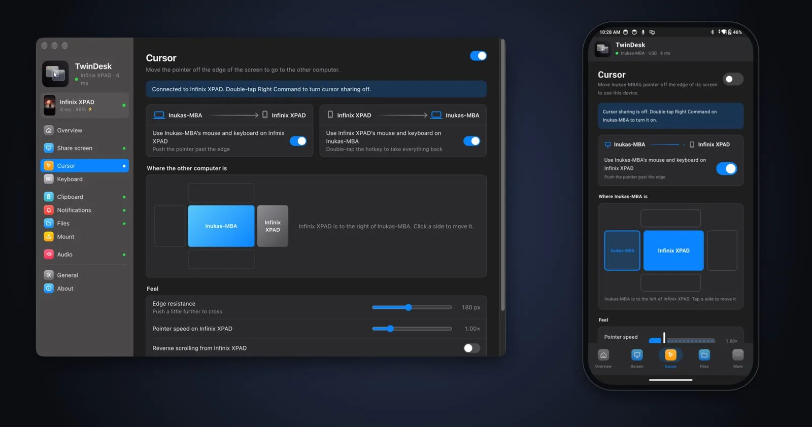 Cursor settings on the Mac and on the phone, with the device layout