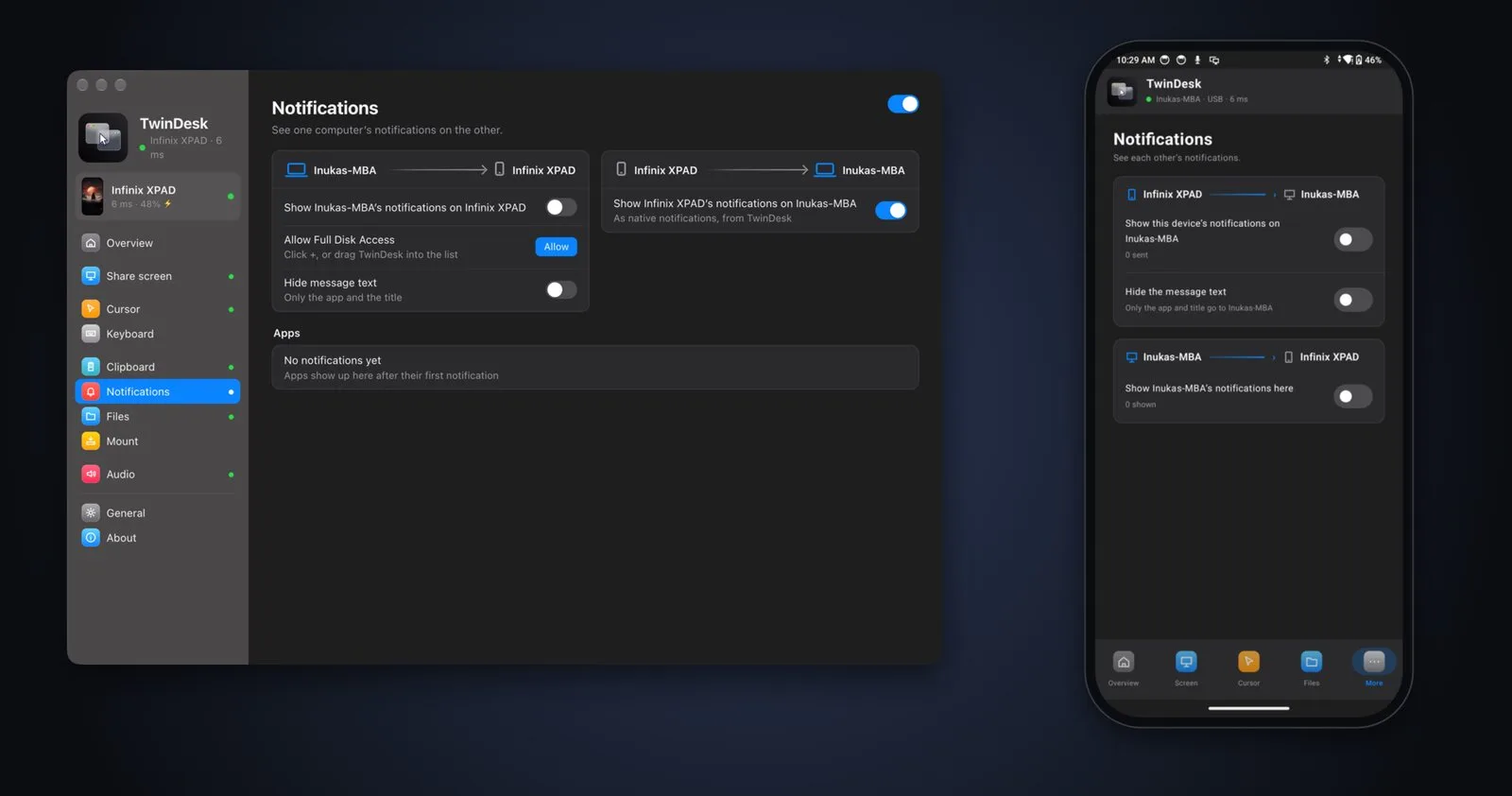 Notification settings on the Mac and on the phone