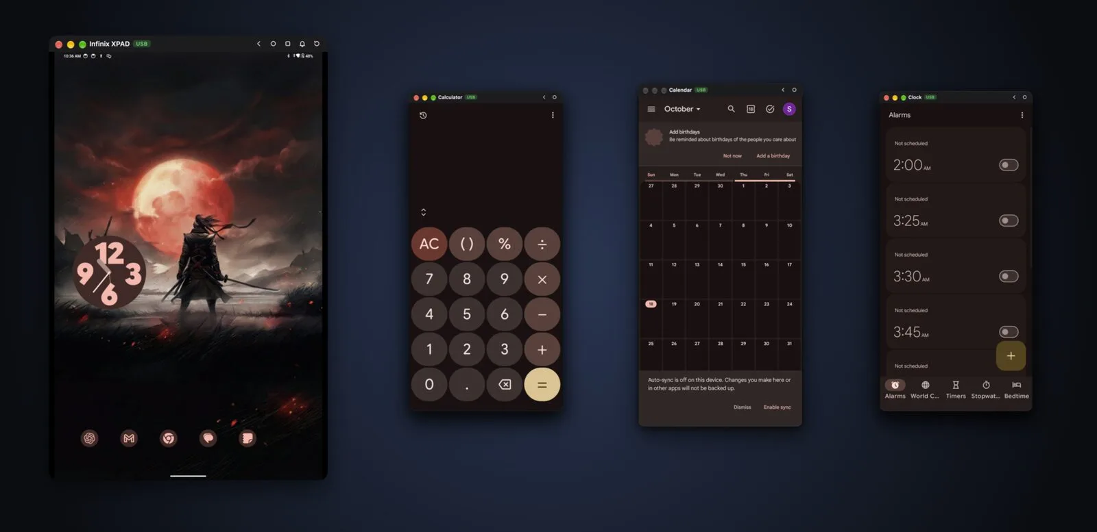 The tablet's home screen in a Mac window, and Calculator, Calendar and Clock open as separate Mac windows