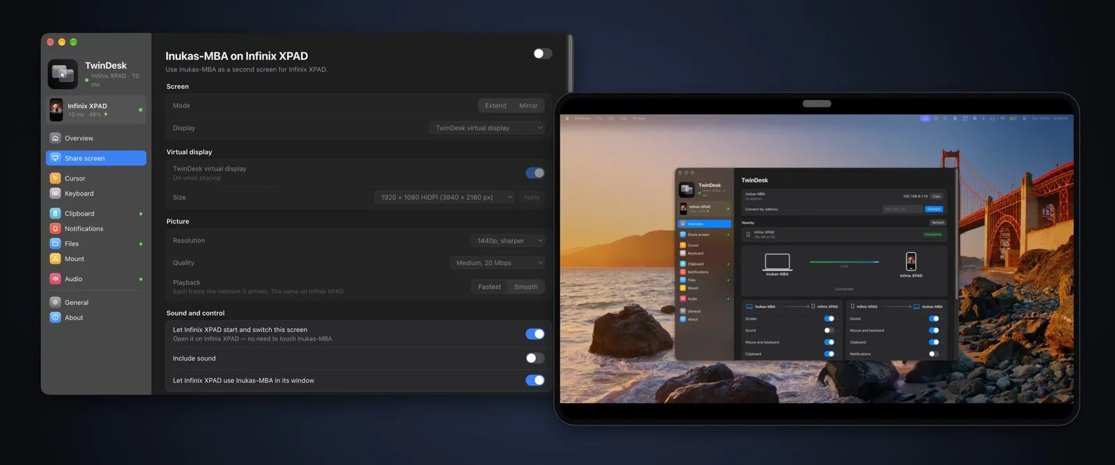 Share screen settings on the Mac, and the tablet showing the extended Mac desktop