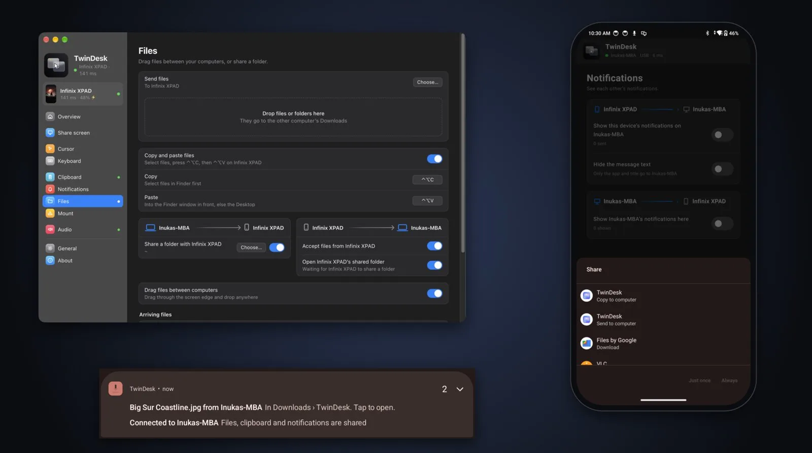 The Mac's Files page, the Android share menu with Send to computer and Copy to computer, and a received-file notification on the tablet